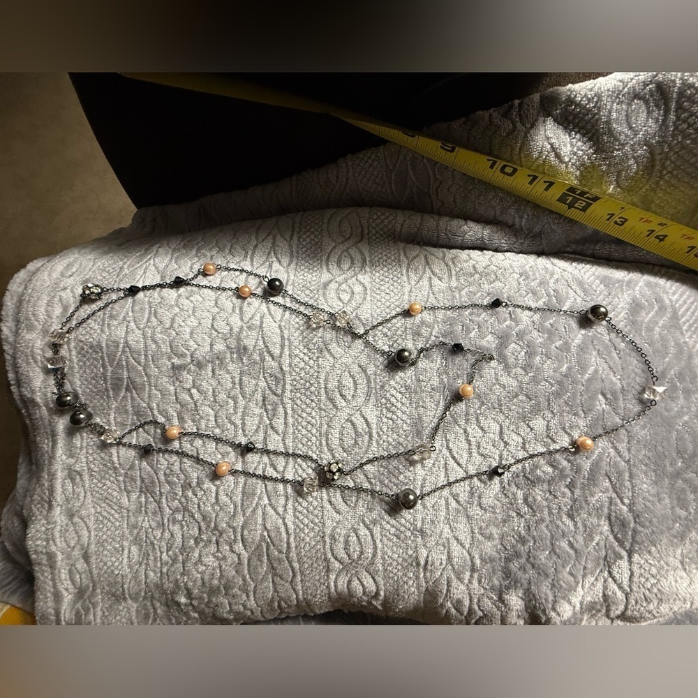 Beaded long necklace - black, rhinestone, tan/yellow - Picture 3 of 5